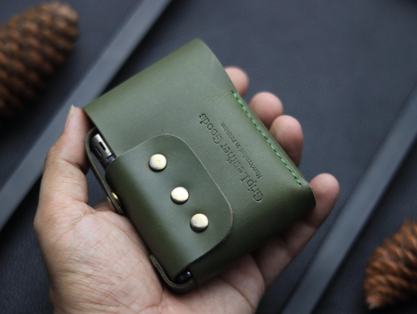 Genuine Leather Cigarette Case Side Lighter Pocket OLIVE GREEN