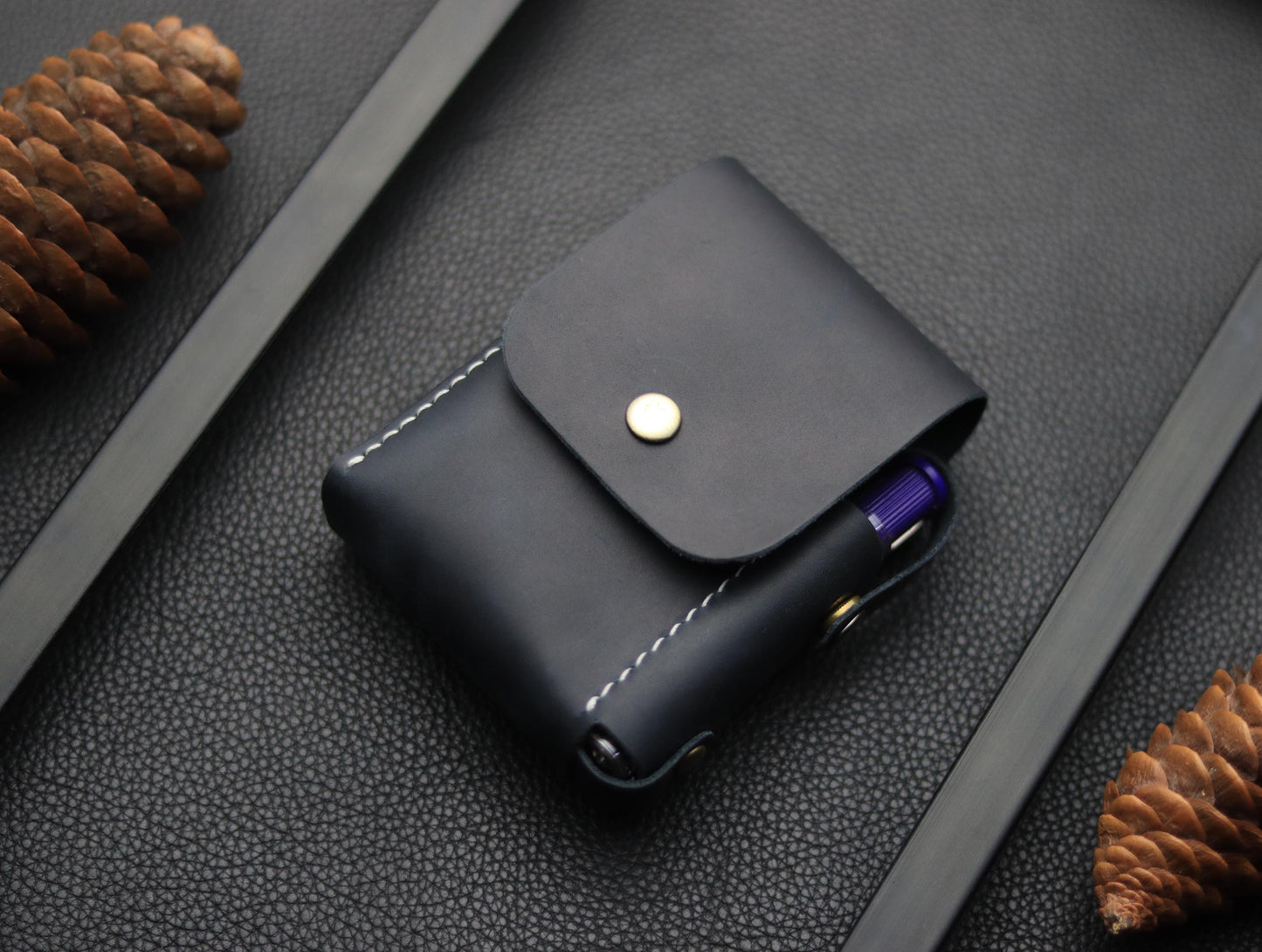 Genuine Leather Cigarette Case Side Lighter Pocket MIDNIGHT BLUE