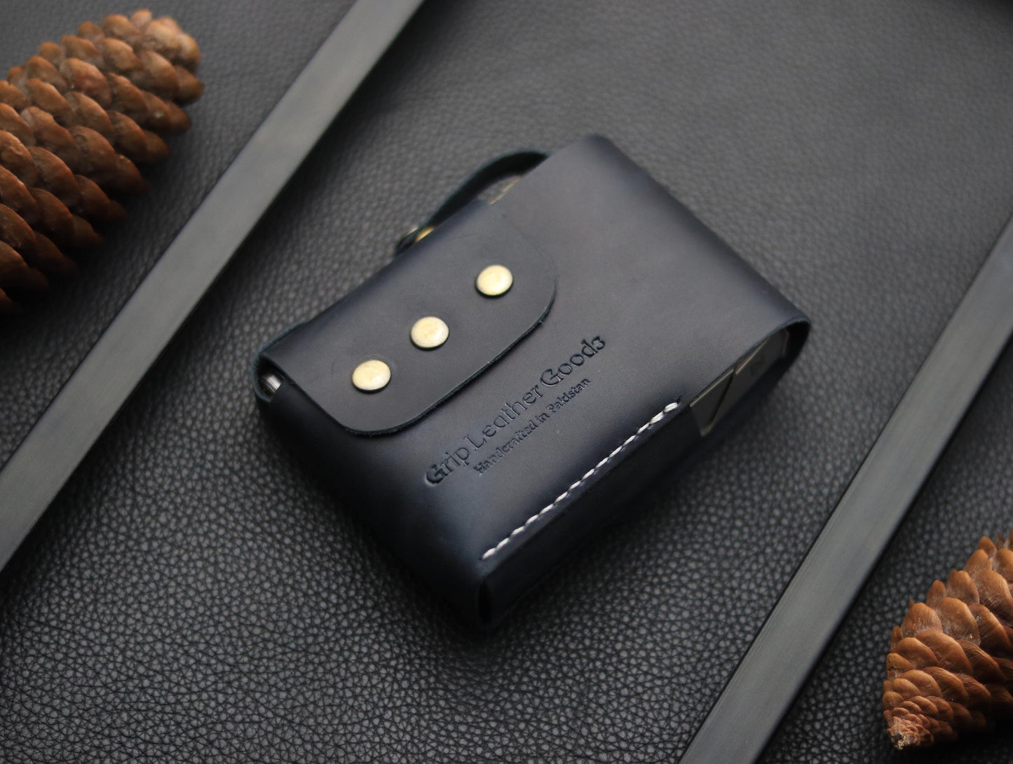 Genuine Leather Cigarette Case Side Lighter Pocket MIDNIGHT BLUE