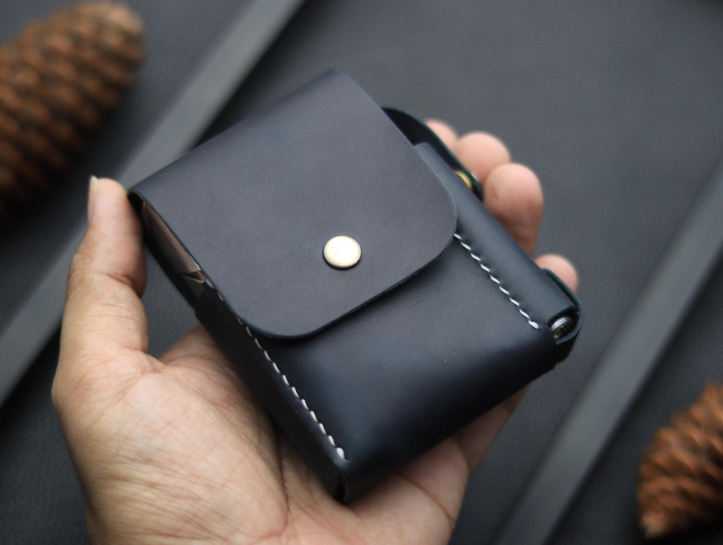 Genuine Leather Cigarette Case Side Lighter Pocket MIDNIGHT BLUE