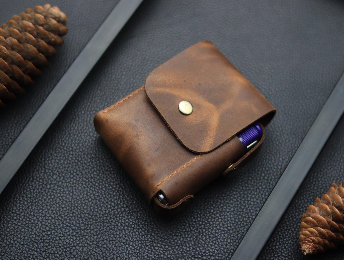 Genuine Leather Cigarette Case Side Lighter Pocket ECLIPSE BROWN