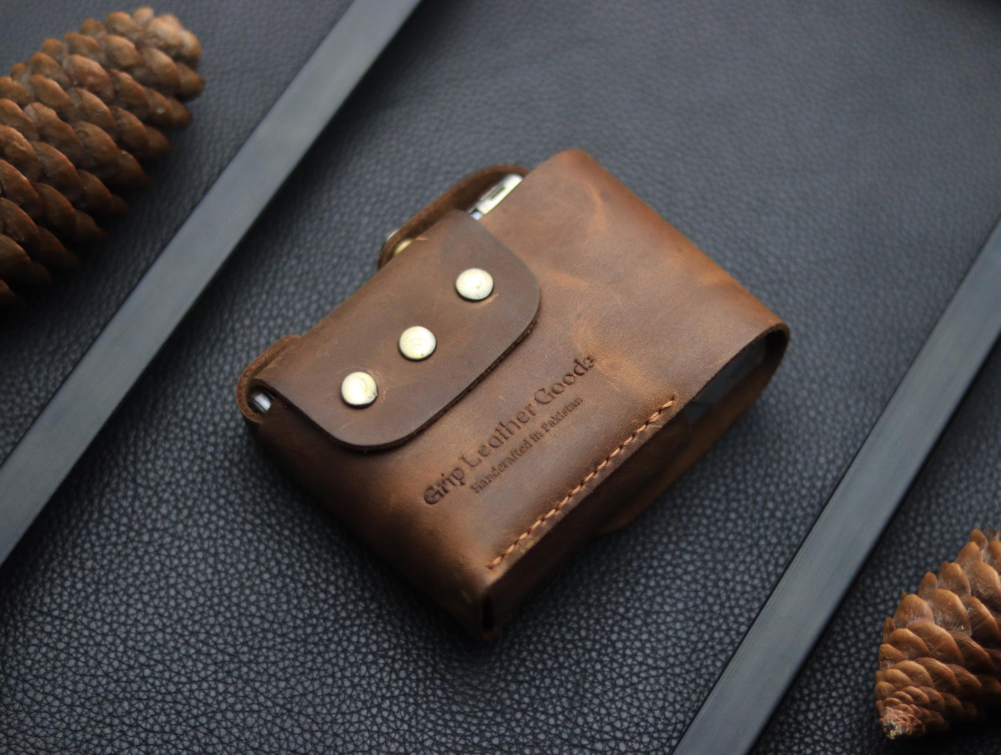 Genuine Leather Cigarette Case Side Lighter Pocket ECLIPSE BROWN