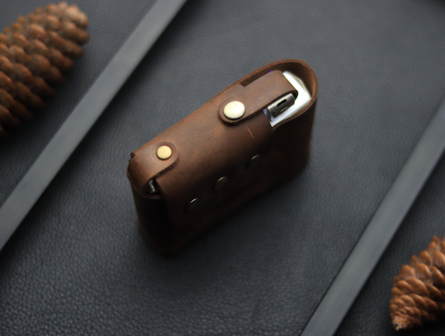 Genuine Leather Cigarette Case Side Lighter Pocket ECLIPSE BROWN