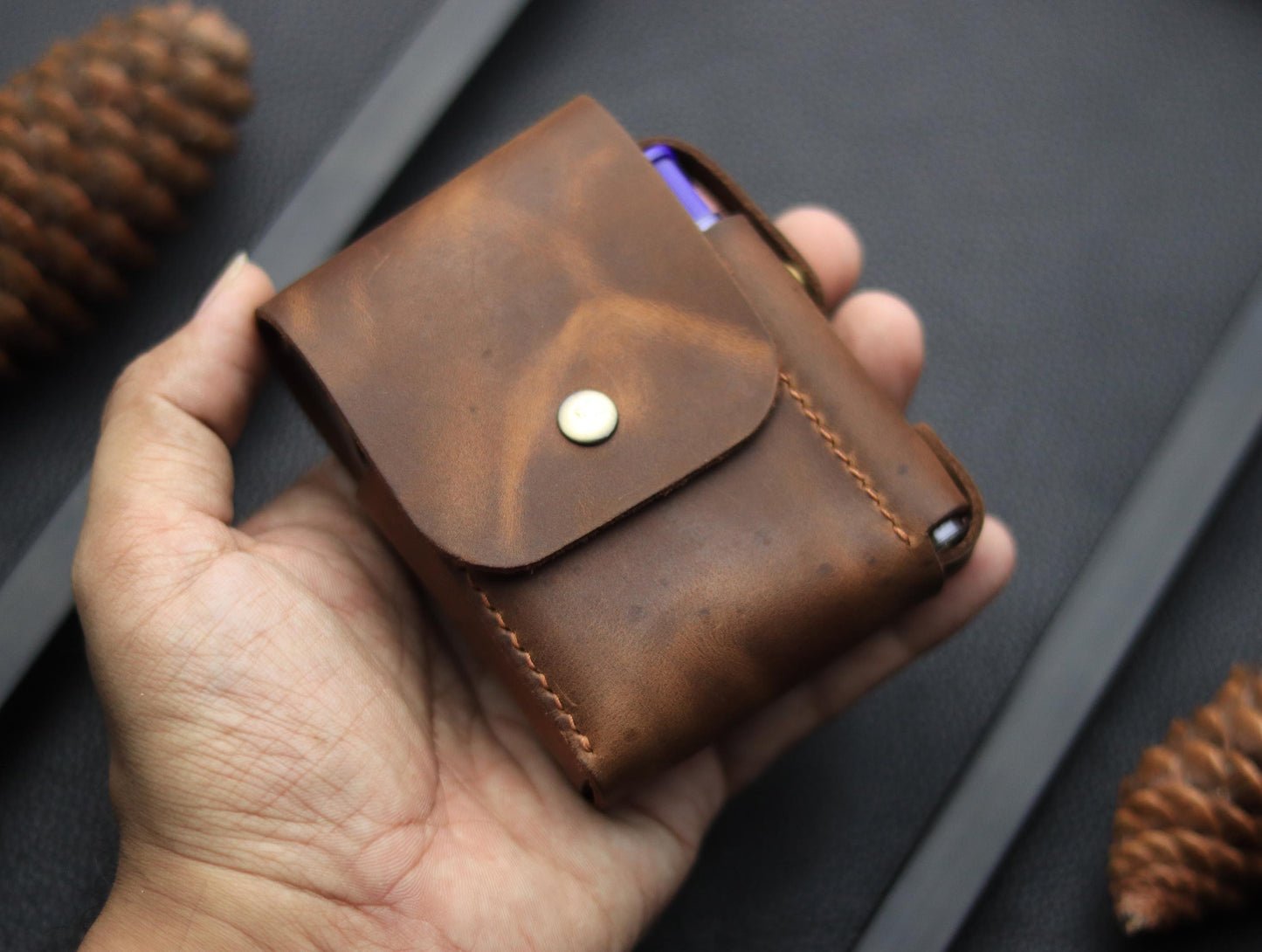Genuine Leather Cigarette Case Side Lighter Pocket ECLIPSE BROWN
