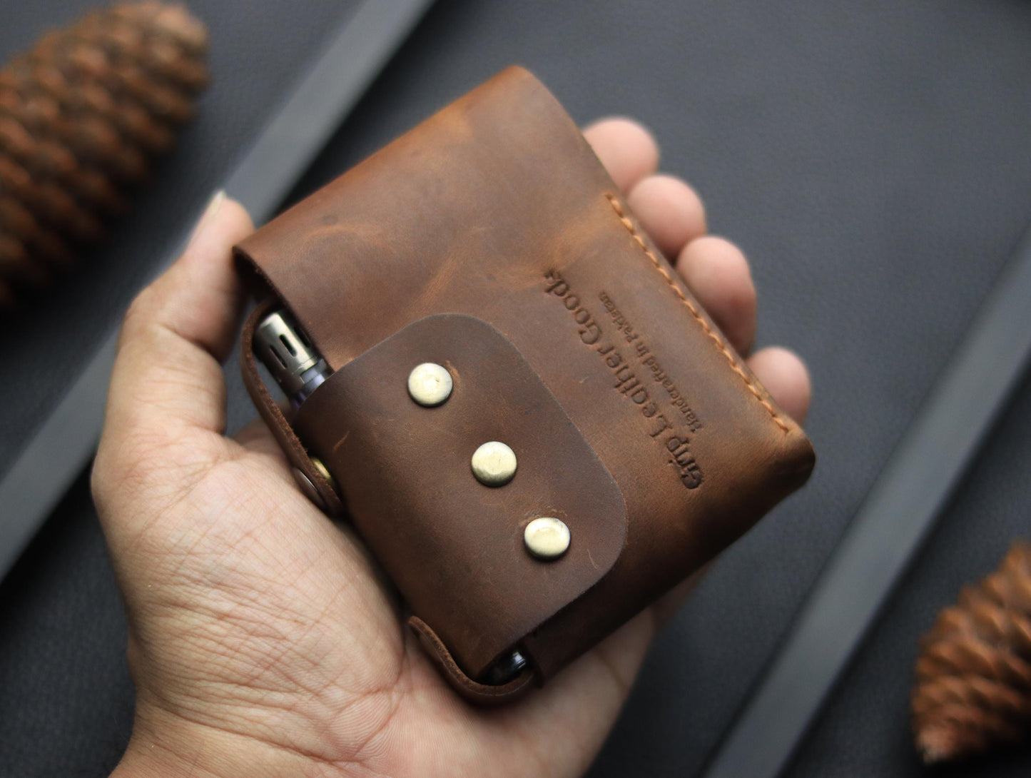 Genuine Leather Cigarette Case Side Lighter Pocket ECLIPSE BROWN