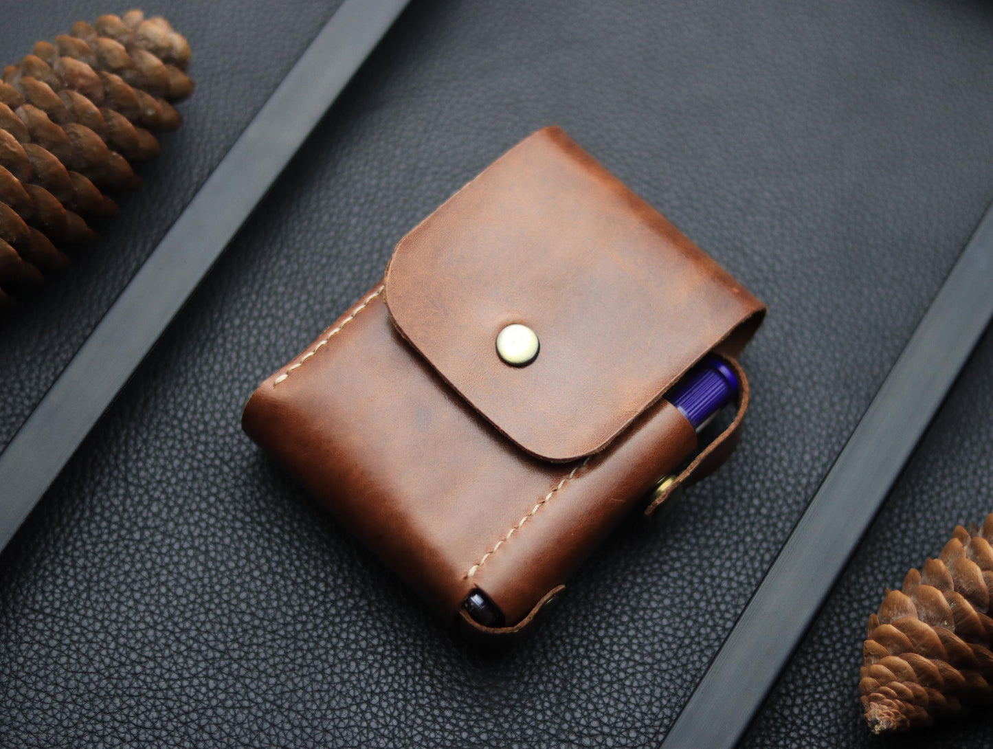 Genuine Leather Cigarette Case Side Lighter Pocket SEPIA BROWN
