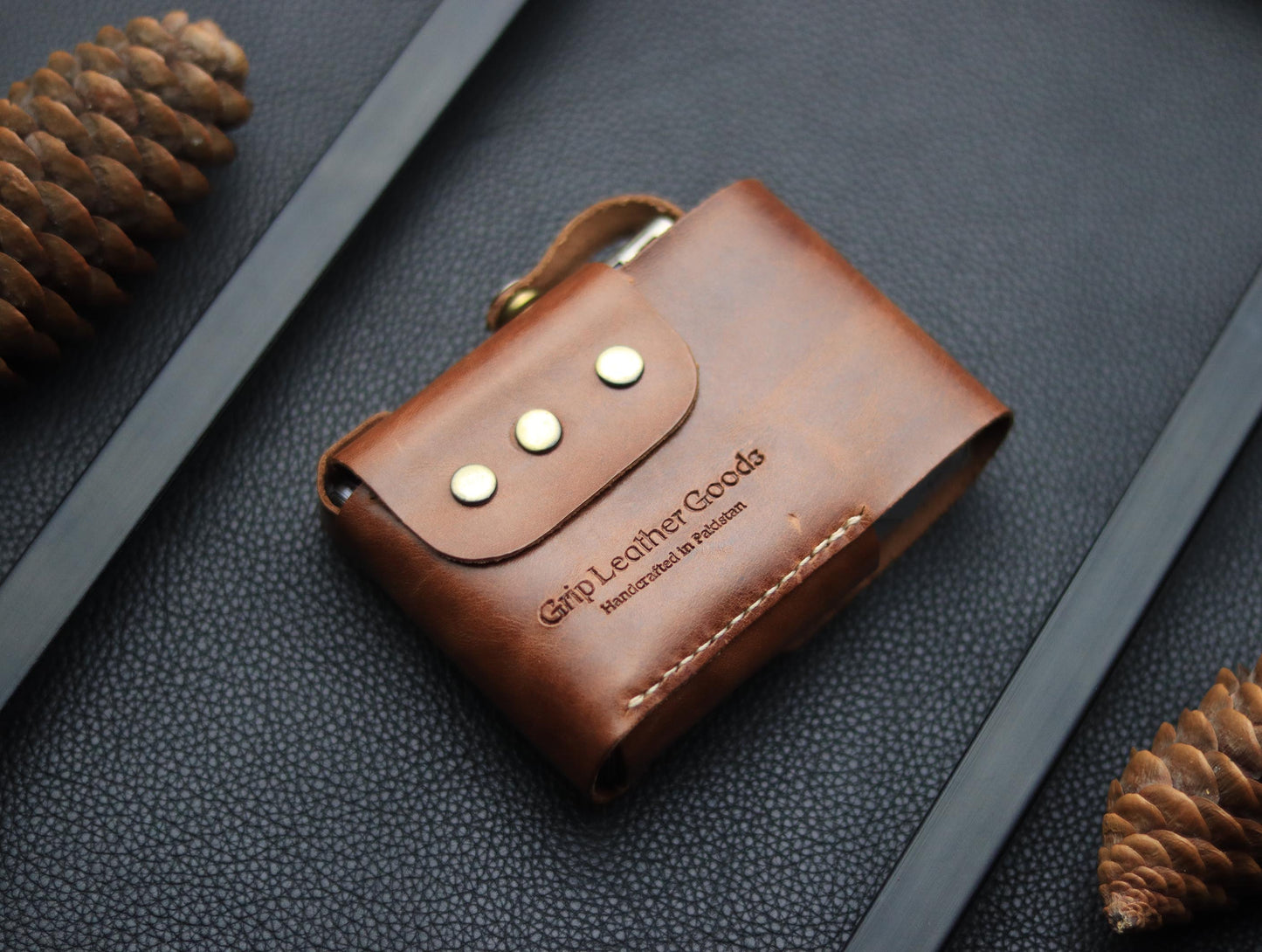 Genuine Leather Cigarette Case Side Lighter Pocket SEPIA BROWN