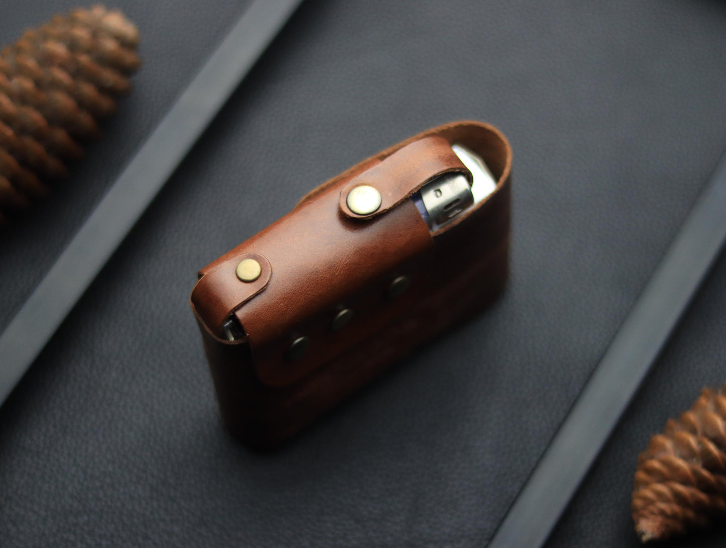 Genuine Leather Cigarette Case Side Lighter Pocket SEPIA BROWN