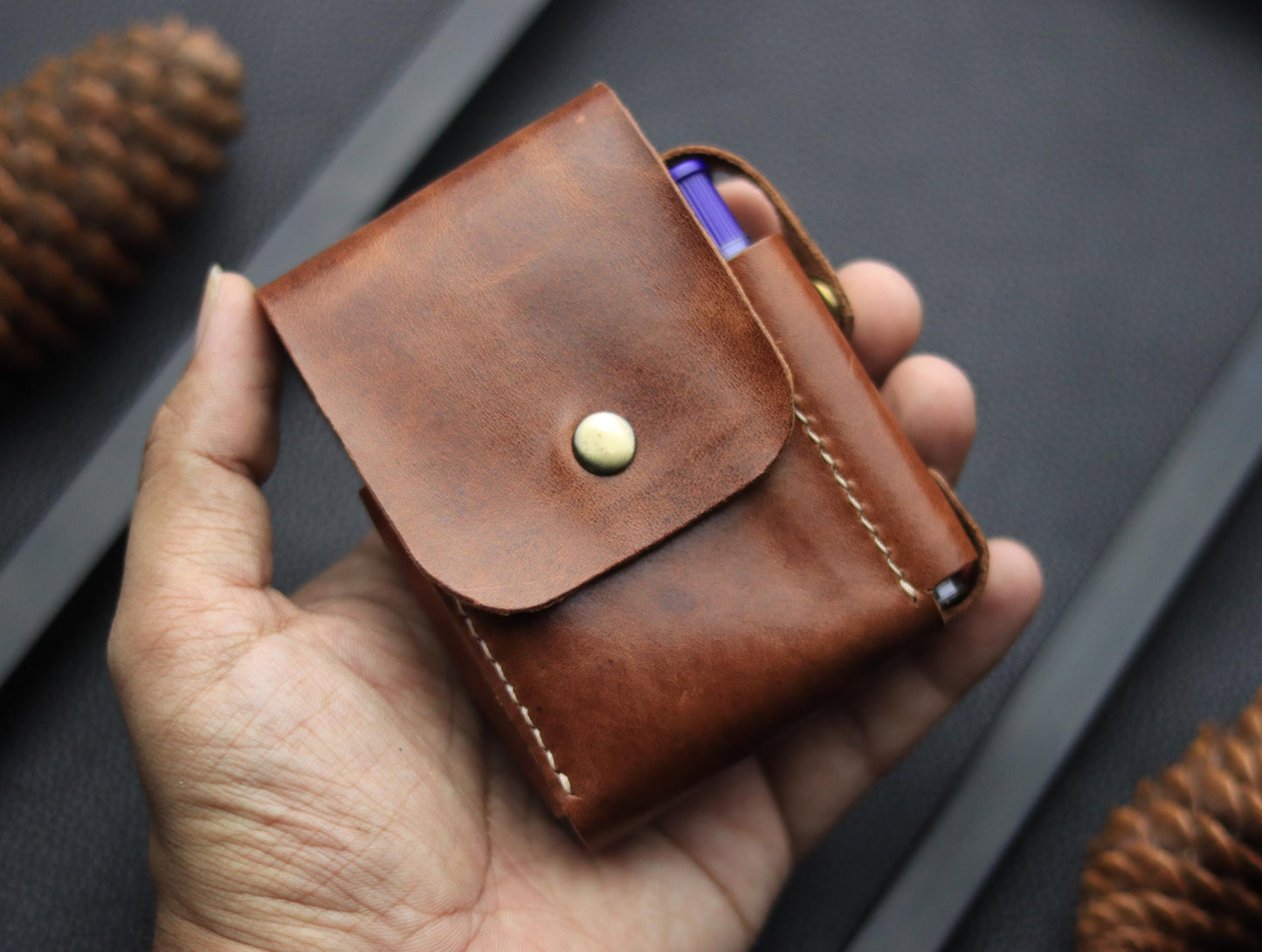 Genuine Leather Cigarette Case Side Lighter Pocket SEPIA BROWN