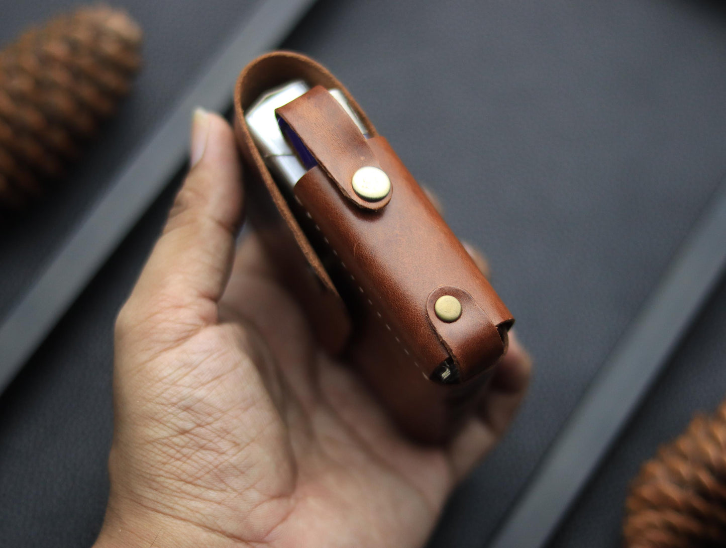 Genuine Leather Cigarette Case Side Lighter Pocket SEPIA BROWN