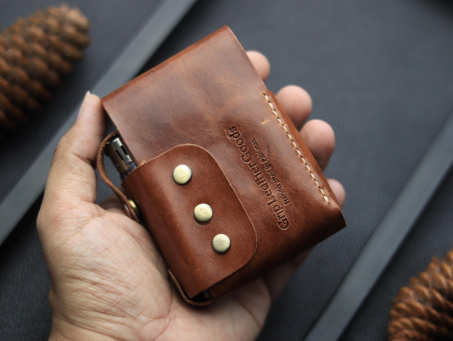 Genuine Leather Cigarette Case Side Lighter Pocket SEPIA BROWN