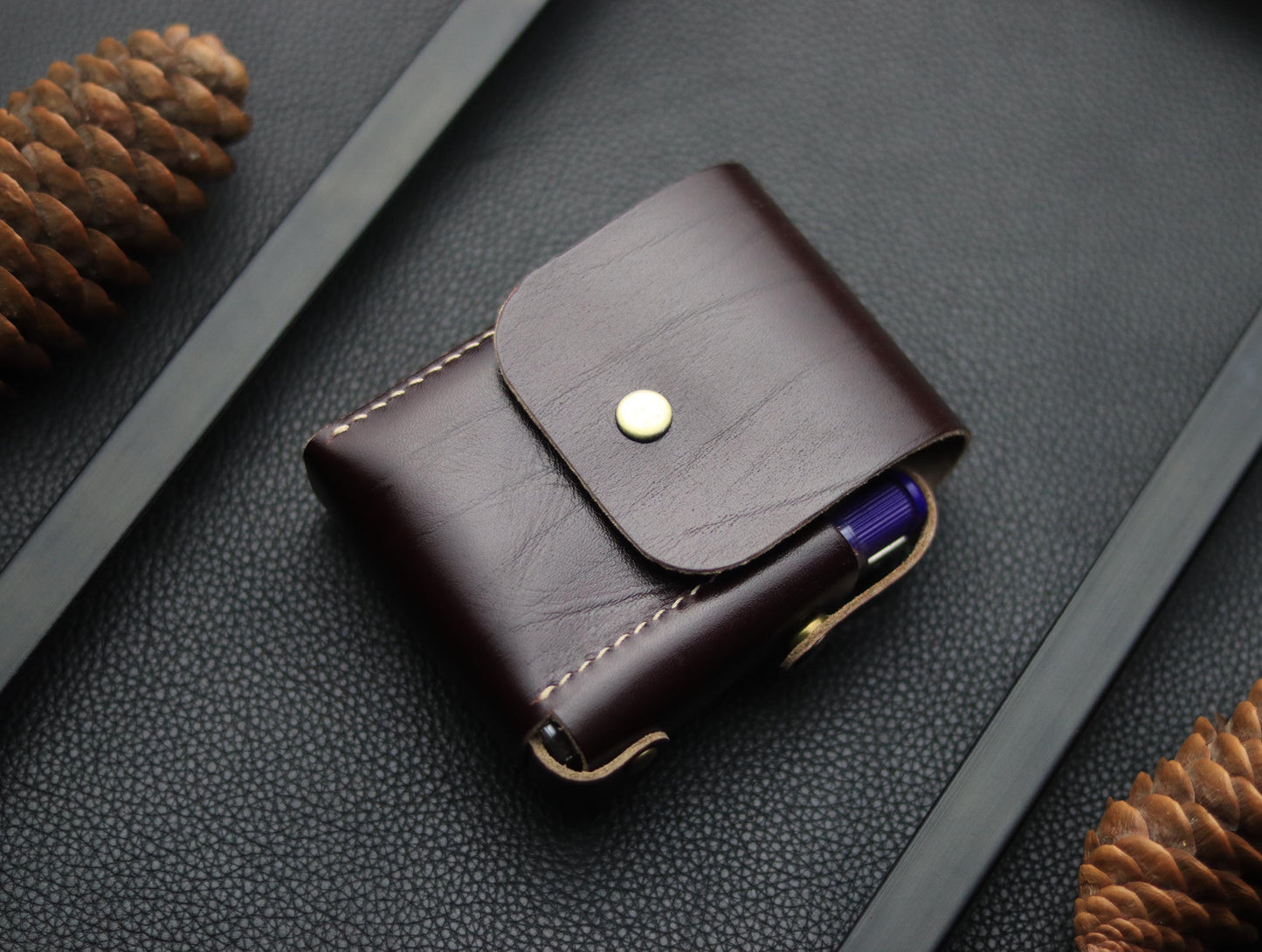 Genuine Leather Cigarette Case Side Lighter Pocket WALNUT BROWN