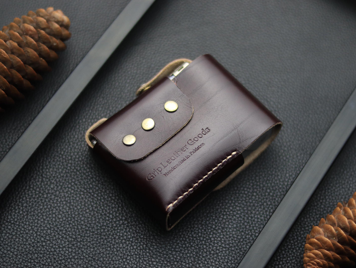 Genuine Leather Cigarette Case Side Lighter Pocket WALNUT BROWN