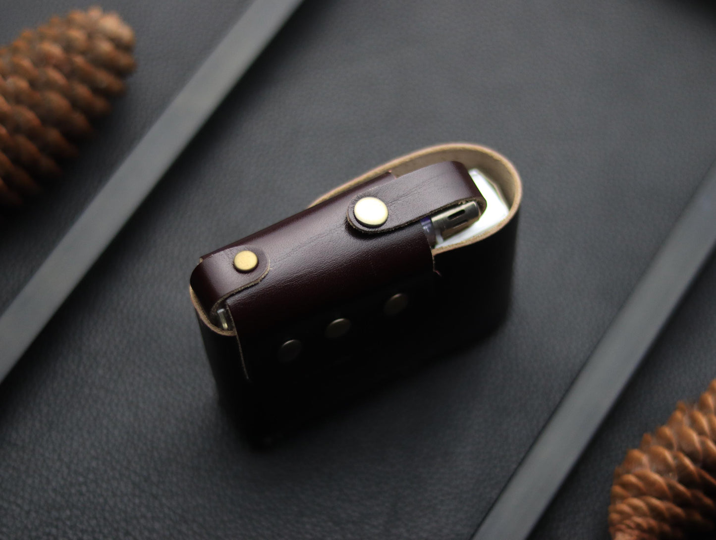 Genuine Leather Cigarette Case Side Lighter Pocket WALNUT BROWN