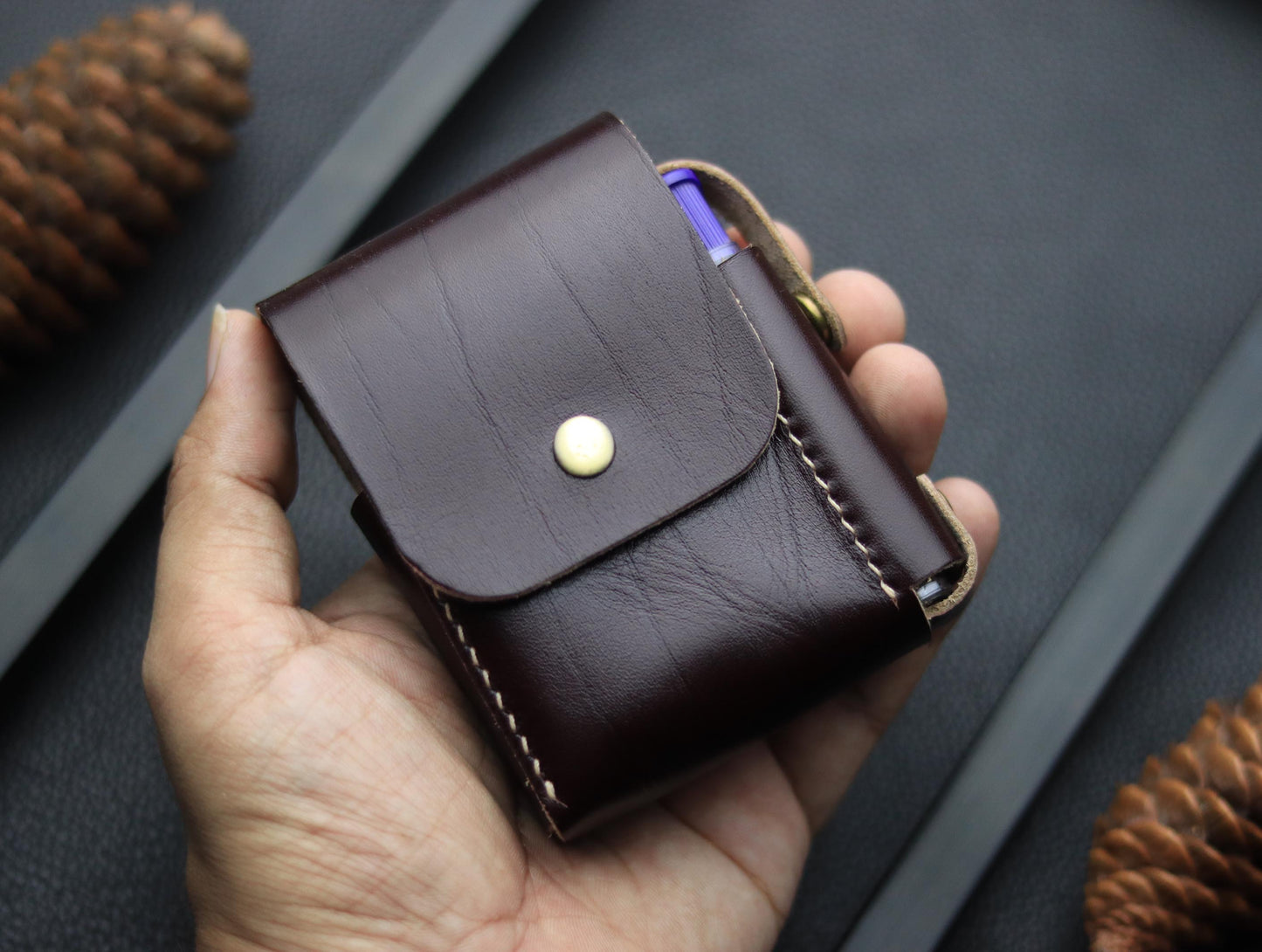 Genuine Leather Cigarette Case Side Lighter Pocket WALNUT BROWN