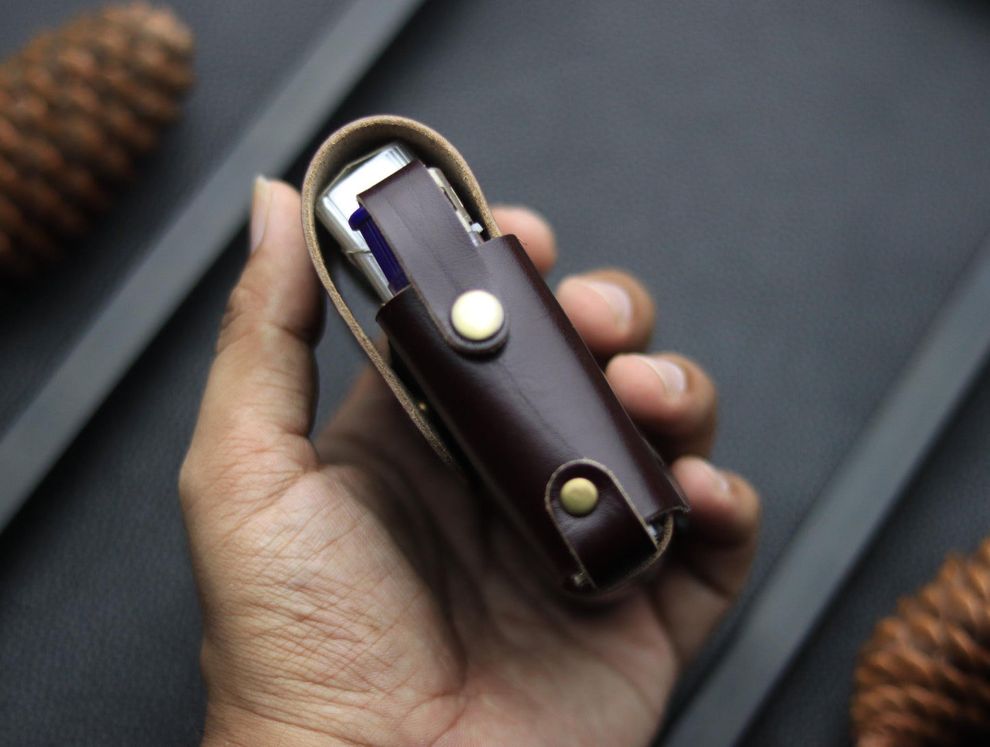 Genuine Leather Cigarette Case Side Lighter Pocket WALNUT BROWN