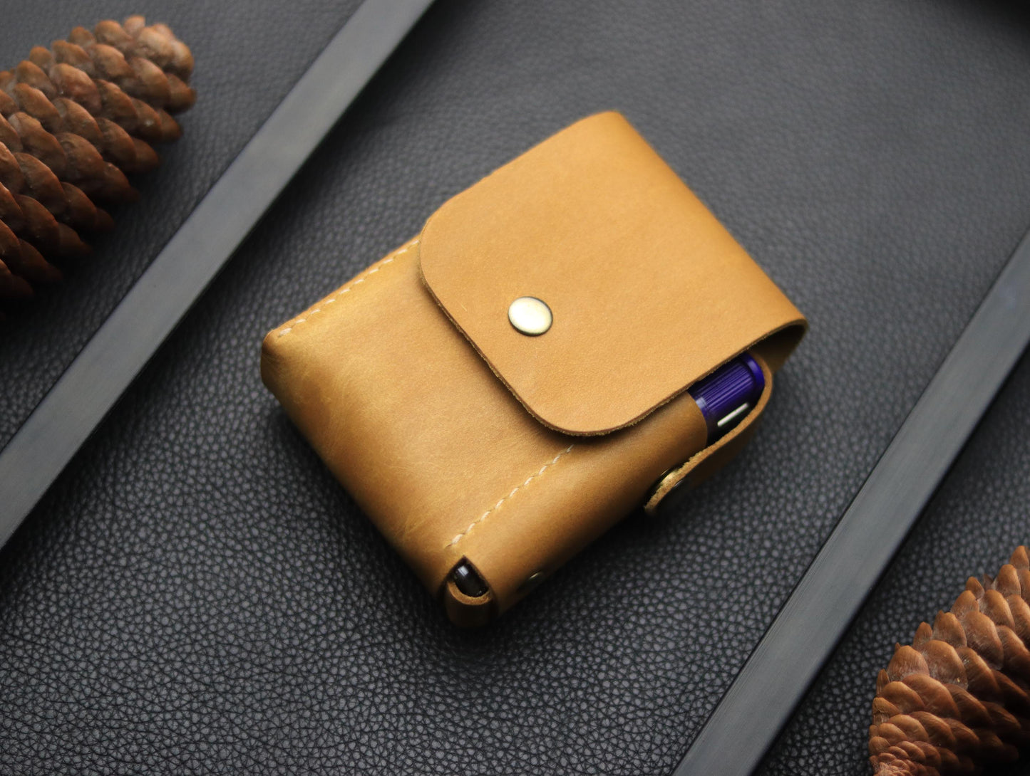 Genuine Leather Cigarette Case Side Lighter Pocket CAMEL RUST