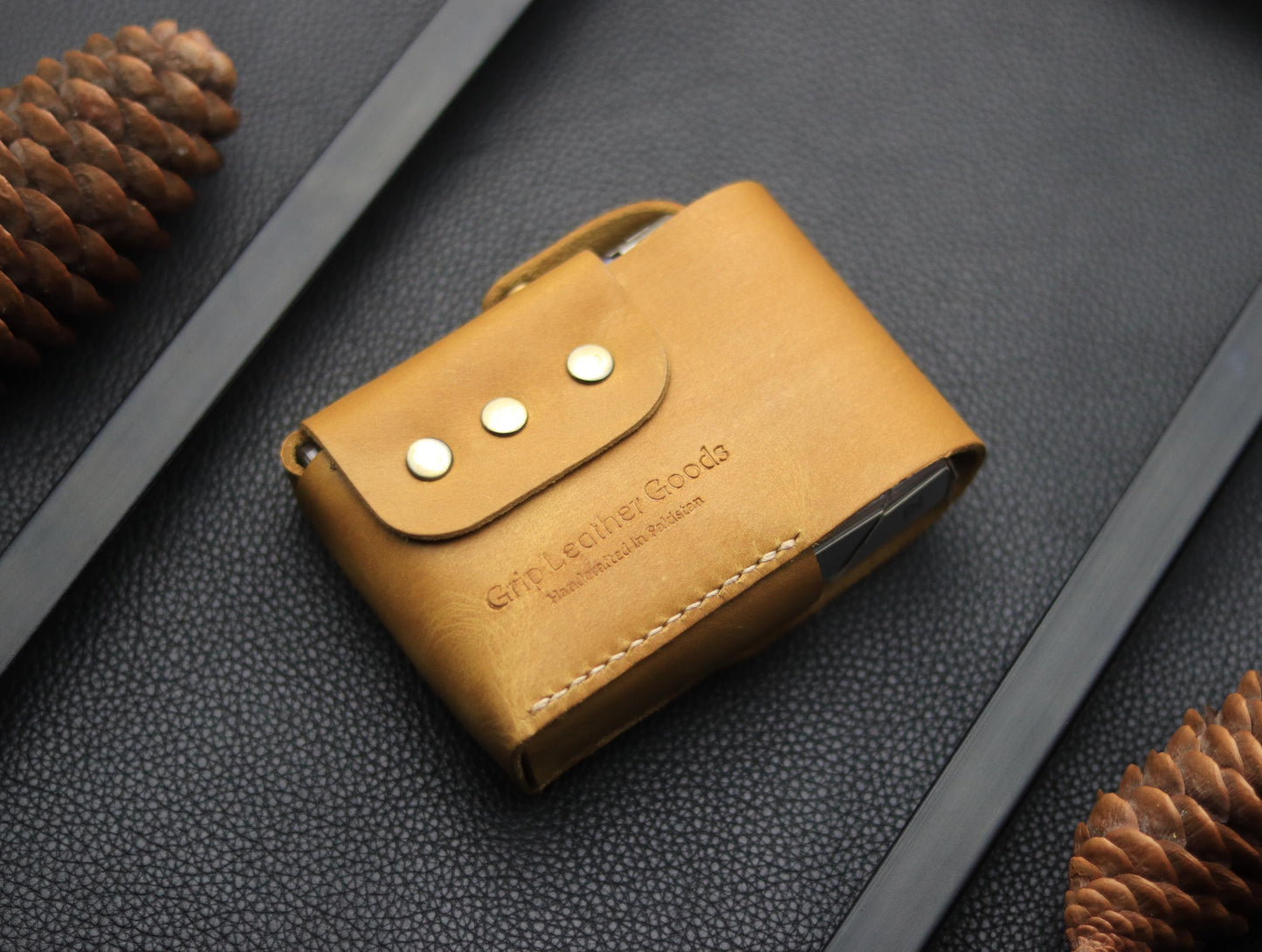 Genuine Leather Cigarette Case Side Lighter Pocket CAMEL RUST