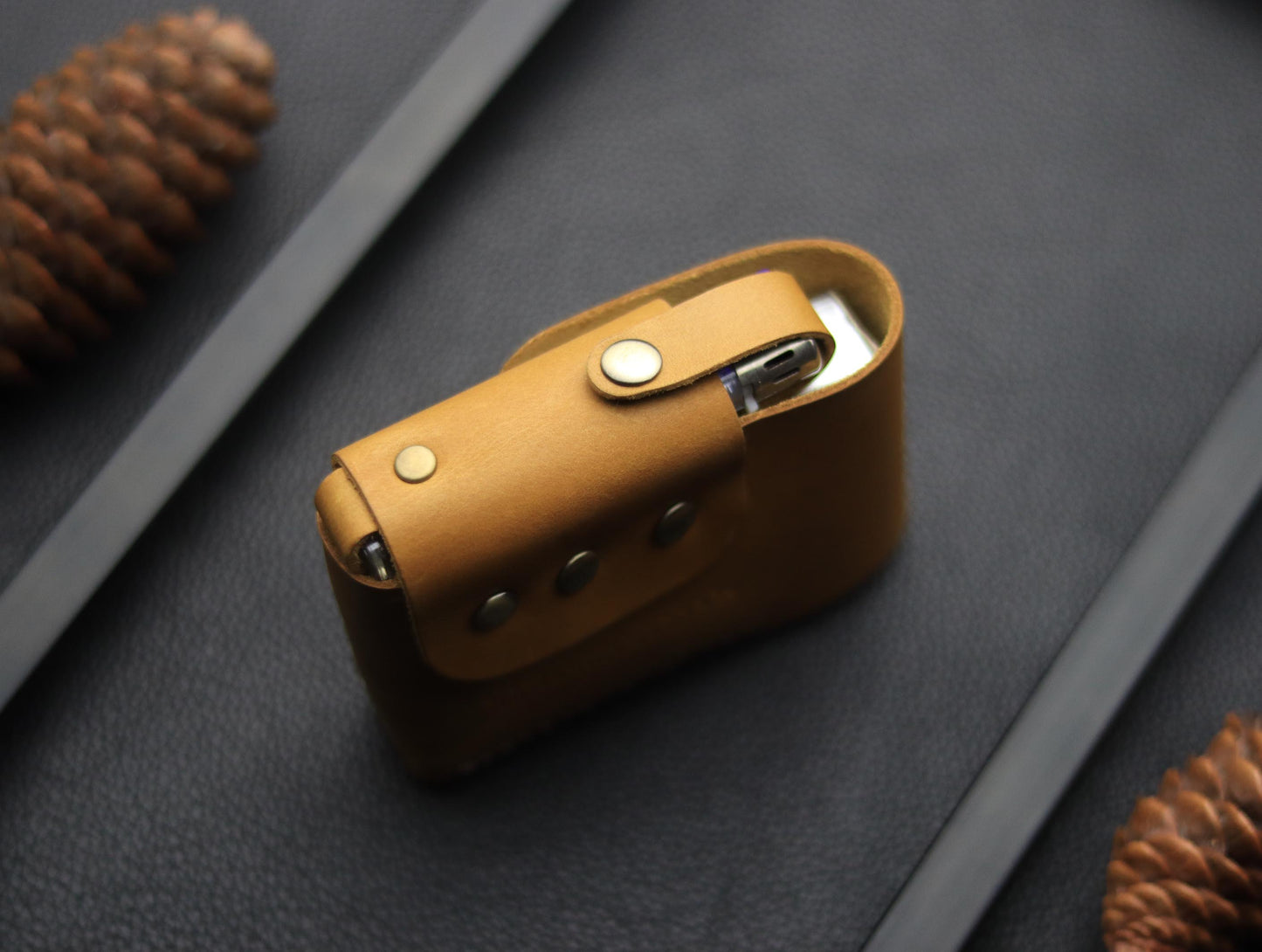 Genuine Leather Cigarette Case Side Lighter Pocket CAMEL RUST