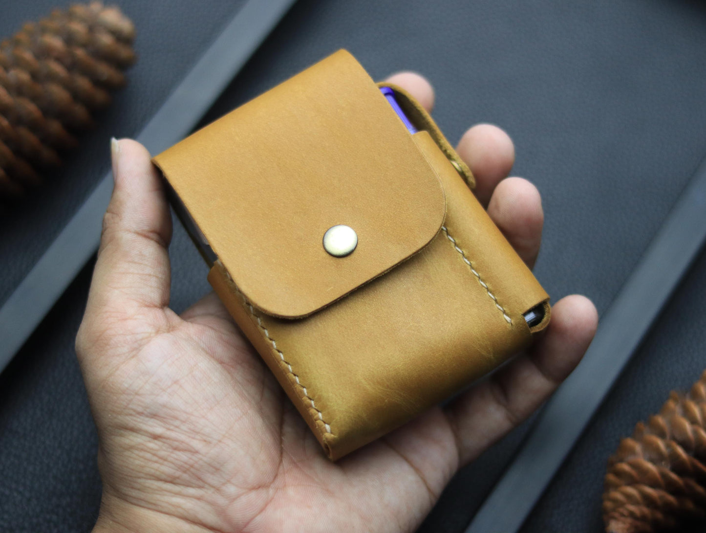 Genuine Leather Cigarette Case Side Lighter Pocket CAMEL RUST