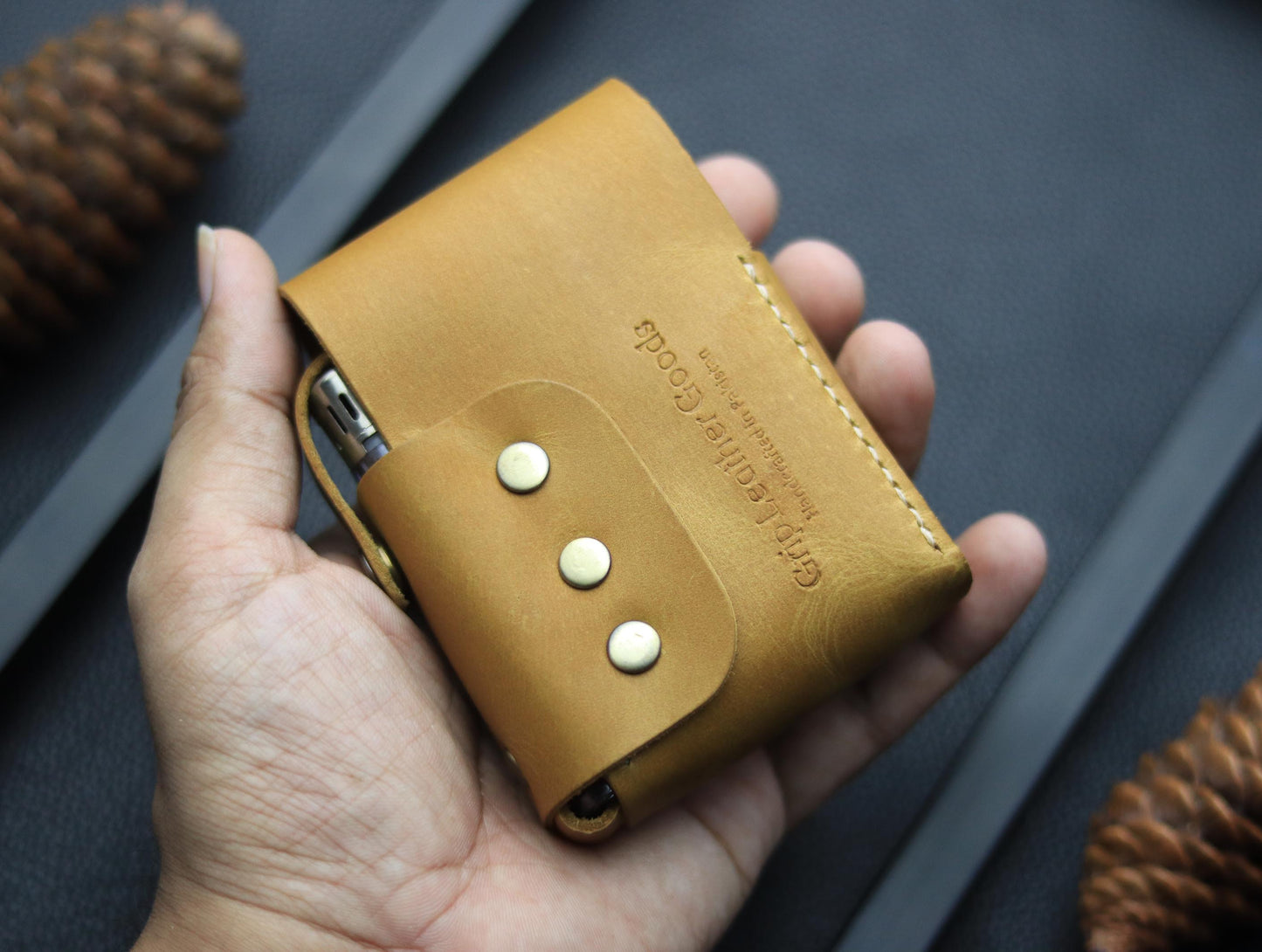 Genuine Leather Cigarette Case Side Lighter Pocket CAMEL RUST