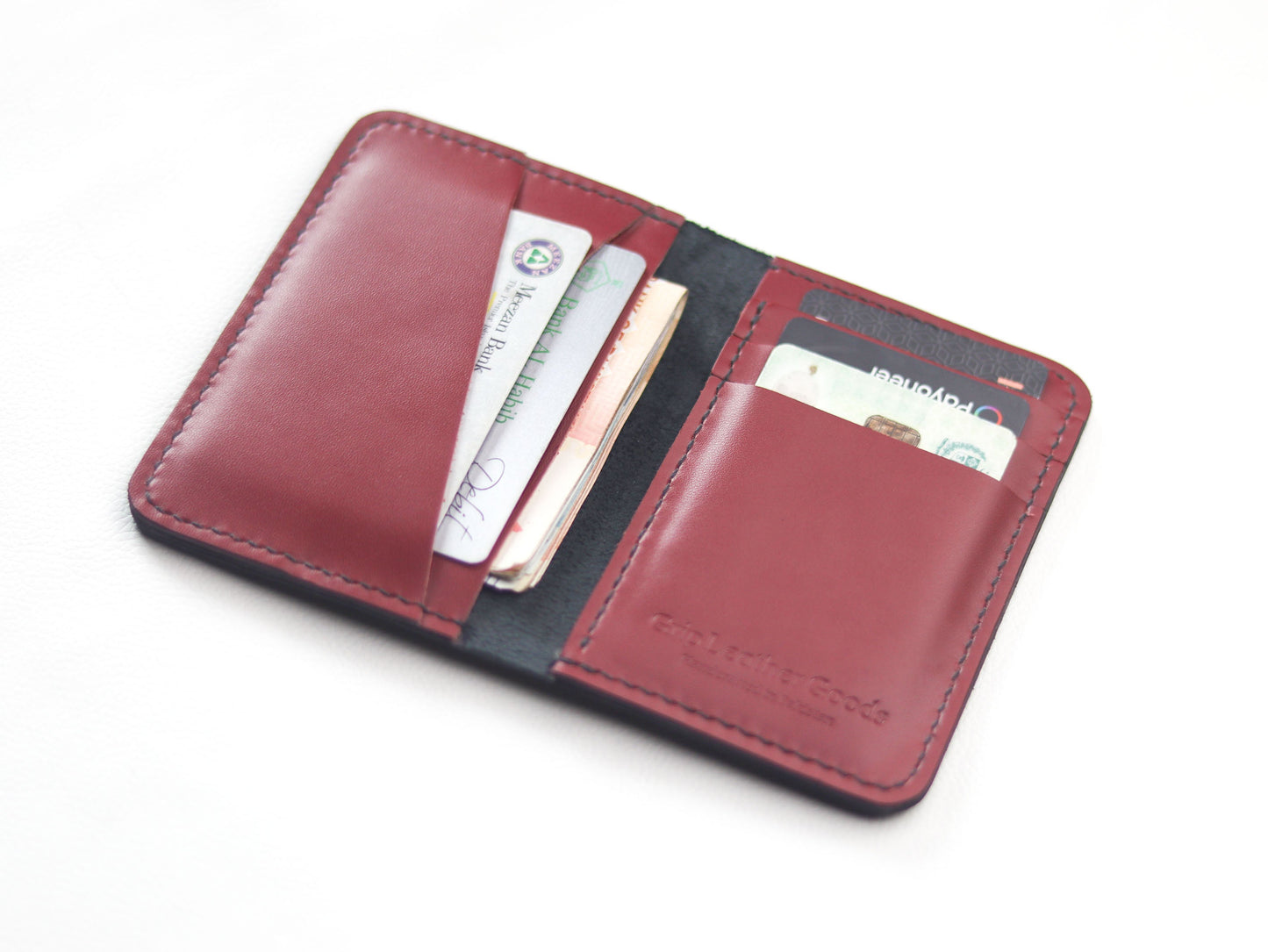 BI-FOLD SNAP WALLET CRIMSON RED AND BLACK GRIP LEATHER GOODS