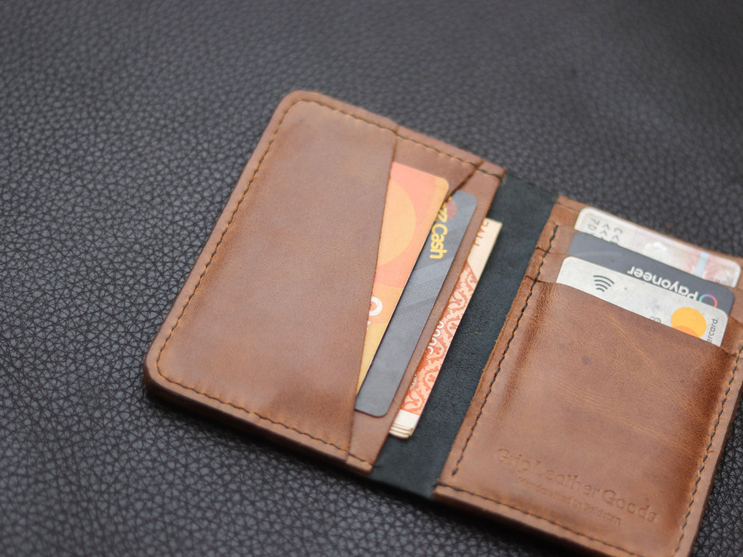 BI-FOLD SNAP WALLET BROWN AND BLACK GRIP LEATHER GOODS