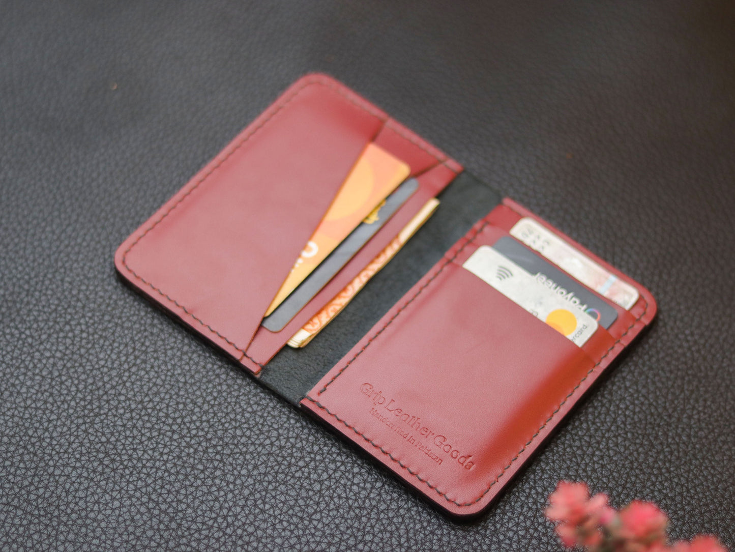 BI-FOLD SNAP WALLET CRIMSON RED AND BLACK GRIP LEATHER GOODS