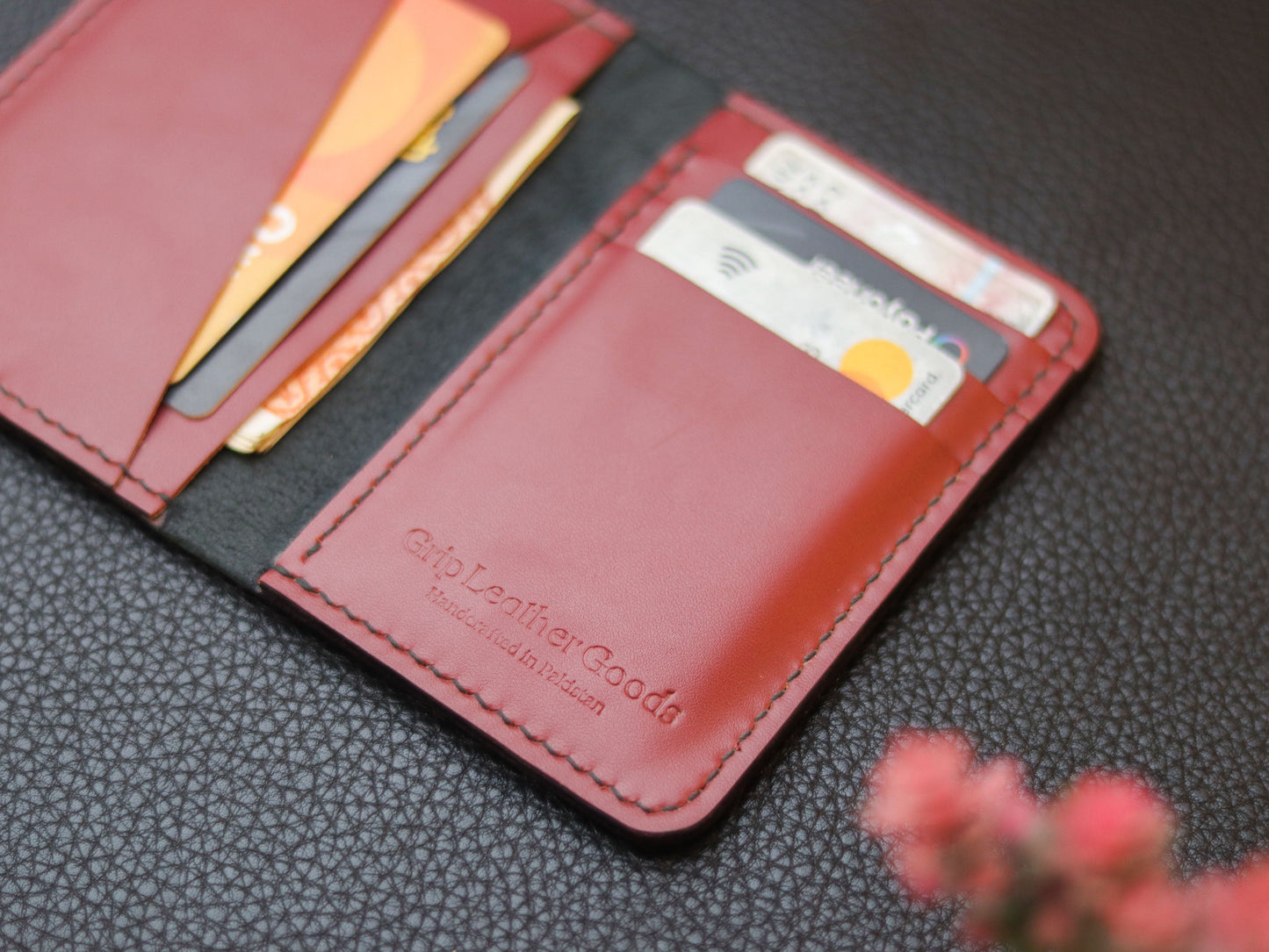 BI-FOLD SNAP WALLET CRIMSON RED AND BLACK GRIP LEATHER GOODS