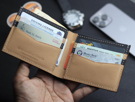 ZORVANE Slim Bifold Wallet – Premium Top Grain Leather Golden Beige & Black